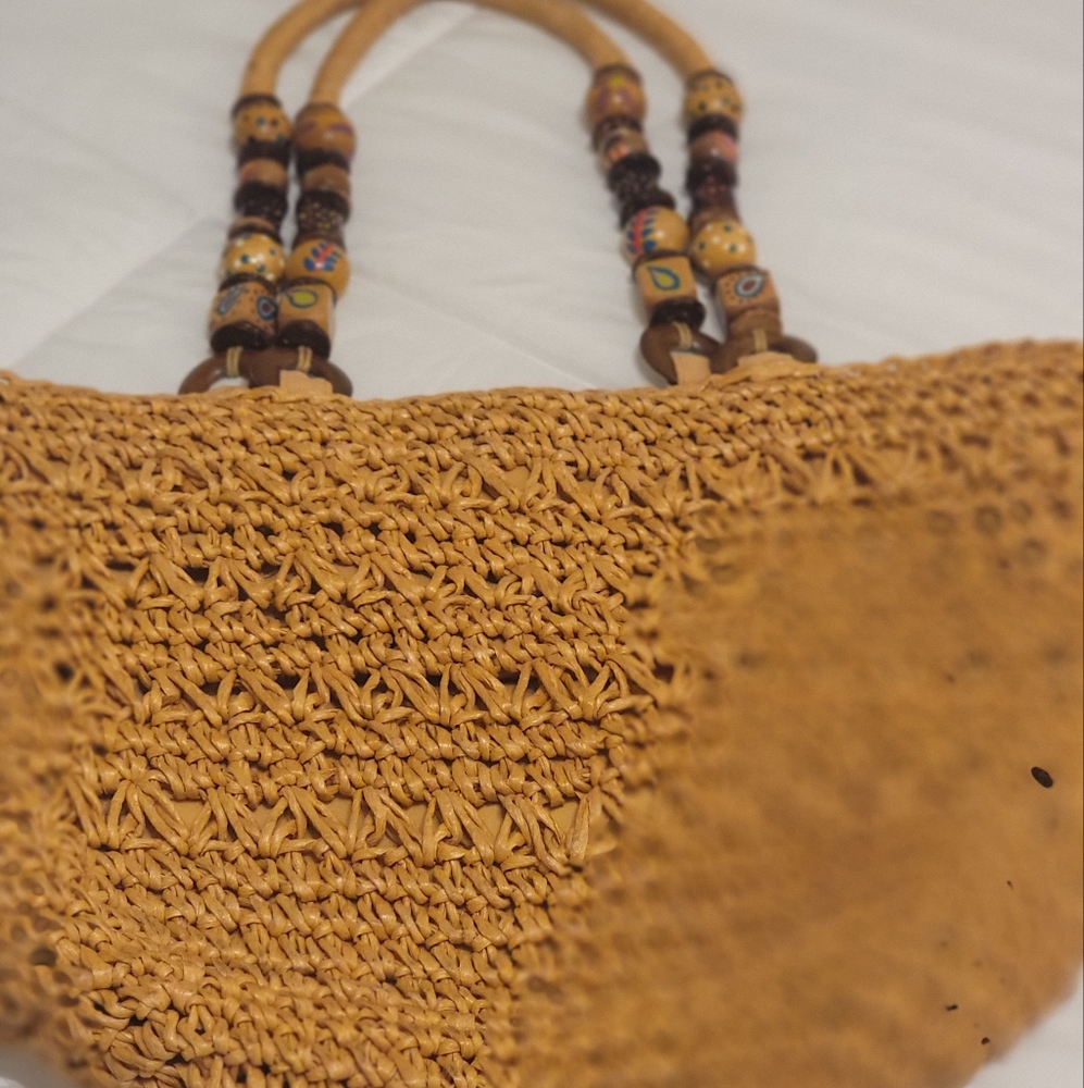 Cappelli Straworld Bag with Beaded Handles Bohemian Hobo Tan wood bead handles